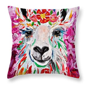 Decorative Throw Pillow From My Original Llama or Alpaca Colorful Art Painting