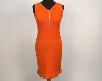 Original vintage 1960s knitted crochet pom pom fitted dress with pearl buttons from Las Vegas, US orange