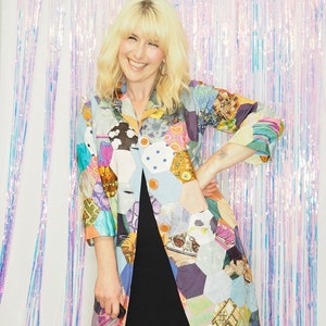 REPURPOSED QUILT JACKET - Silk Hexagonal Patchwork Multi Coloured Bracelet Sleeve Single Breasted Fully Lined Recycled Vintage Fabric Jacket