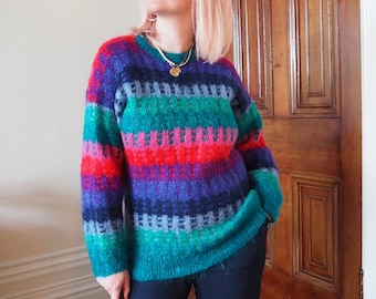 VINTAGE MOHAIR PULLOVER - 70er 80er Regenbogen Streifen Unisex Pink Rot Grün Lila Blau Mohair Vintage Größe Medium Wolle Pullover Code59