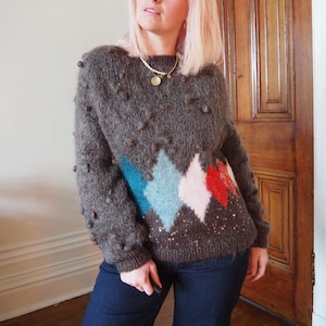 VINTAGE MOHAIR JUMPER 70s 80s Bobble Applique Harlequin Grey Pink Red Blue Mohair Vintage Size Medium Wool Jumper code60 image 1