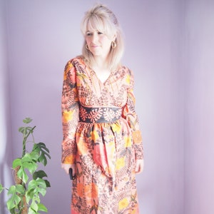 1960s COTTON PRINTED MAXI - Cheese Plant Print Orange Wax Print 1960s 1970s V Neck Long Sleeve Boho Nature Floral Maxi Dress code 109