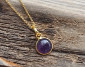 SILVER AMETHYST NECKLACE - 925 Silver - 18 Carat Gold Plated - Circle Faceted Mini Pendant - 20 Inch Fine Chain - Crystal - Boho - Healing