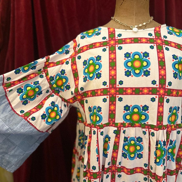 HANDMADE CURTAIN DRESS - Handmade repurposed Tallula vintage psychedelic cotton patchwork sustainable recycled fabric 1960s 70s dress