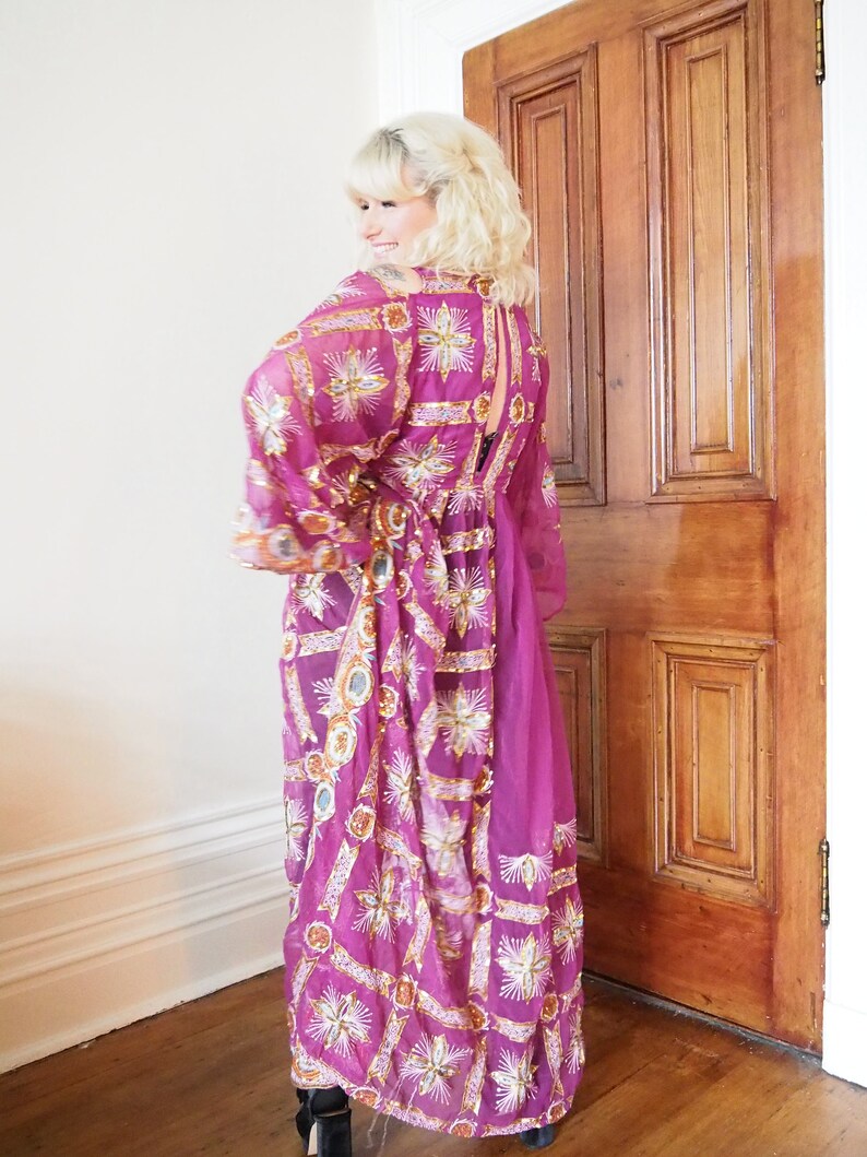 SEQUIN SARI DRESS Handmade uk Designed Deep Plunge Open Back Embroidered Sequin Maxi Length Full Skirt Long Sleeve Pink Gold Dress cd12 image 6