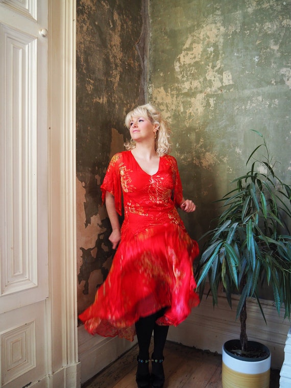 RED SILK DRESS - Red Gold Yellow Silk Devore A Sy… - image 8