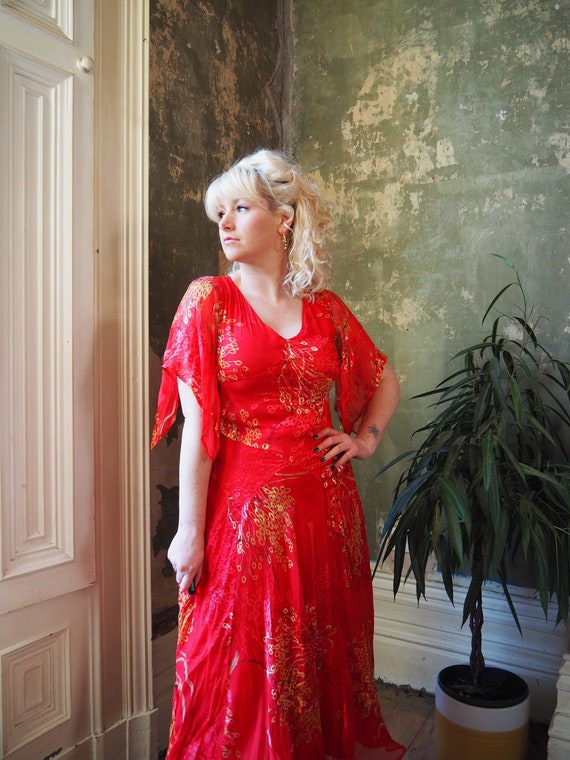 RED SILK DRESS - Red Gold Yellow Silk Devore A Sy… - image 1