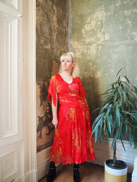 RED SILK DRESS - Red Gold Yellow Silk Devore A Sy… - image 9