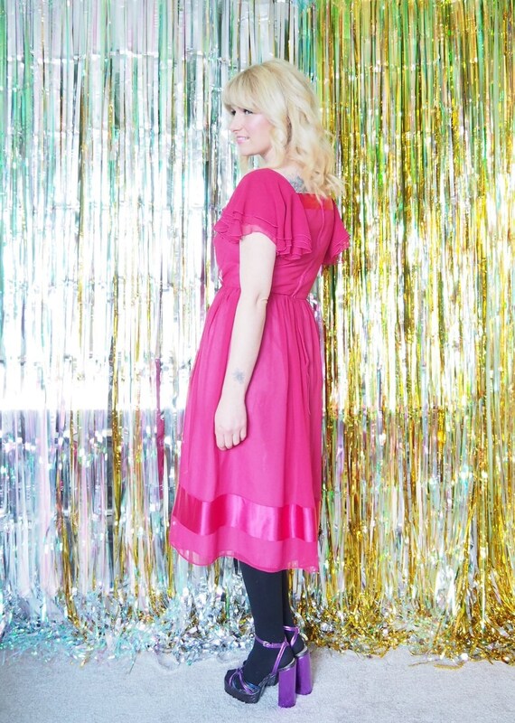 1980s VINTAGE PINK DRESS Gina Bacconi Layered Sheer Fabric Hot