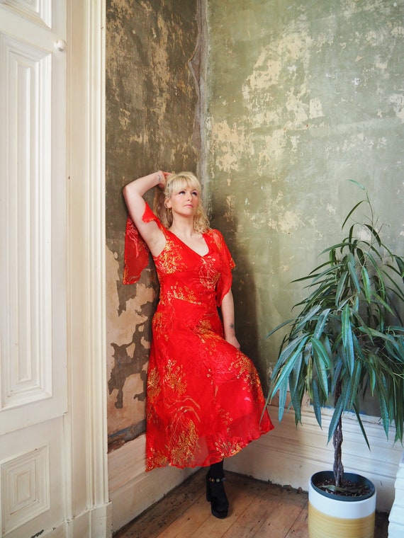 RED SILK DRESS - Red Gold Yellow Silk Devore A Sy… - image 6