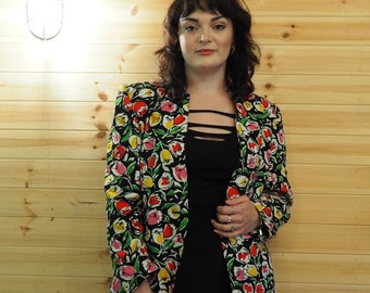 VINTAGE JAEGER BLAZER - Floral Fitted Slightly Cropped Black and Multi Coloured Rainbow Cotton Blend 1980s Single Breasted Jacket Coat cd157