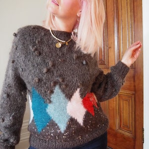 VINTAGE MOHAIR JUMPER 70s 80s Bobble Applique Harlequin Grey Pink Red Blue Mohair Vintage Size Medium Wool Jumper code60 image 8