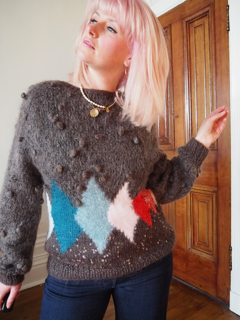 VINTAGE MOHAIR JUMPER 70s 80s Bobble Applique Harlequin Grey Pink Red Blue Mohair Vintage Size Medium Wool Jumper code60 image 8