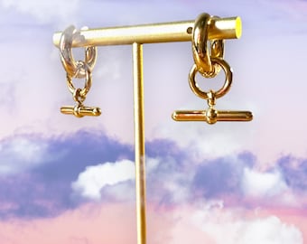 18k GOLD T-BAR earrings - Y2K On Trend Waterproof Tarnish Proof 18k Gold on Stainless Steel t bar Huggie Hoop Mini Delicate Modern Earrings