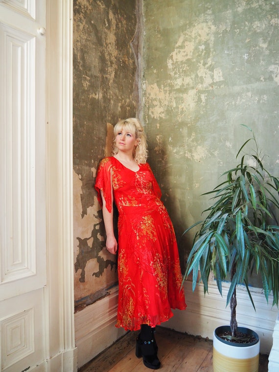 RED SILK DRESS - Red Gold Yellow Silk Devore A Sy… - image 5