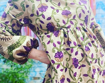 BLOCK PRINT DRESS - Unique Handmade Indian Cotton Block Print Poet Sleeve Empire Line Autumn Floral Midi Purple and Beige 70s Inspired Dress