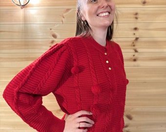 RED POMPOM JUMPER - Red Knitted Appliqué Wool 1970s Bobble Pom Pom 3D Long Sleeve One Size Fluffy Snuggle Boho Preppy Jumper