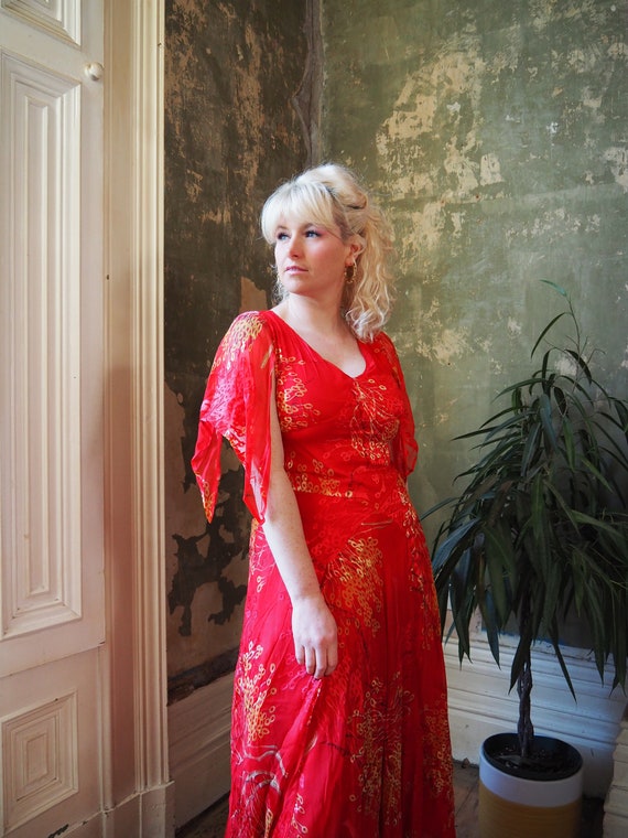 RED SILK DRESS - Red Gold Yellow Silk Devore A Sy… - image 3
