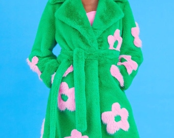 FLOWER POWER COAT Uk Made Plastic Free Bamboo Faux Fur Green and Pink Rainbow Tie Waist Midi Maxi Autumn Winter Warm Psychedkic Happy Coat