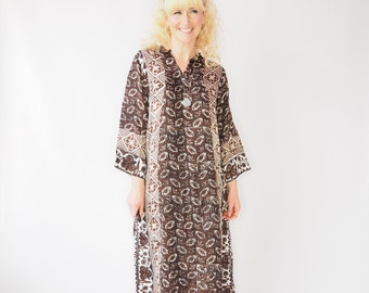 1970s SILK BLOCK PRINT - Boho Indian Silk Dress - Block Print Kaftan Maxi Dress - Brown and Cream - Size uk 10 - 12 - Bell Sleeve