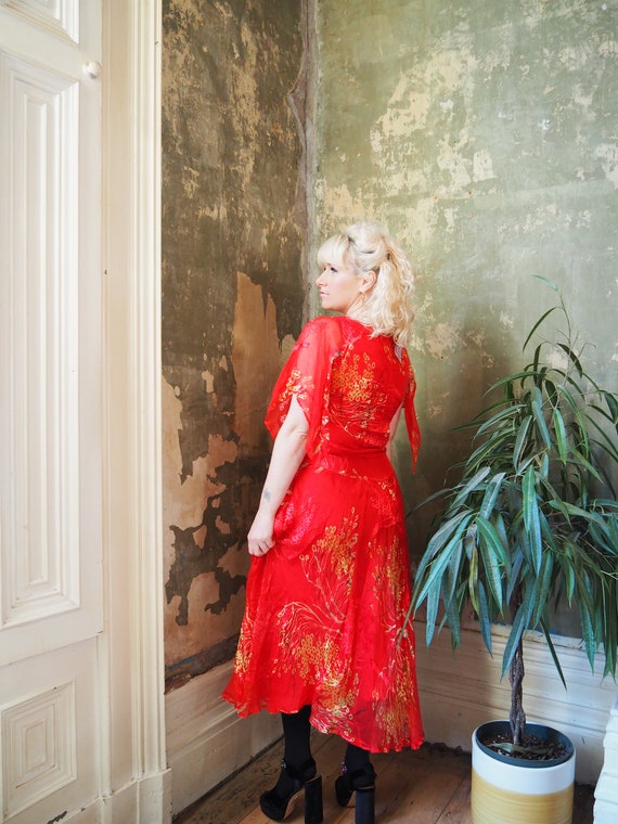 RED SILK DRESS - Red Gold Yellow Silk Devore A Sy… - image 7