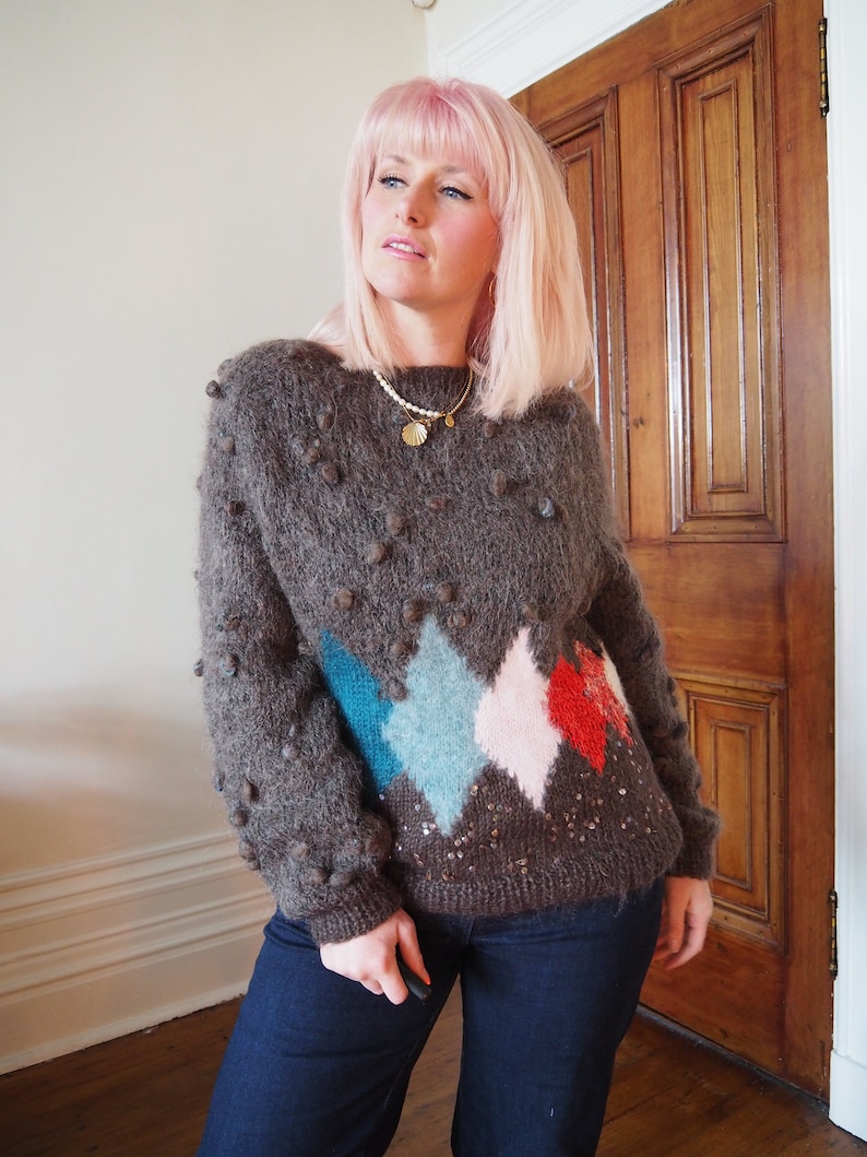 VINTAGE MOHAIR JUMPER 70s 80s Bobble Applique Harlequin Grey Pink Red Blue Mohair Vintage Size Medium Wool Jumper code60 image 1