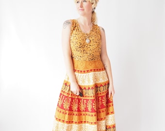 1970s BLOCK PRINT DRESS - Heavy Cotton Mandala Dress - Hippy Indian Vintage Dress - Midi Dress Sleeveless Dress - Yellow Orange Red - Size m