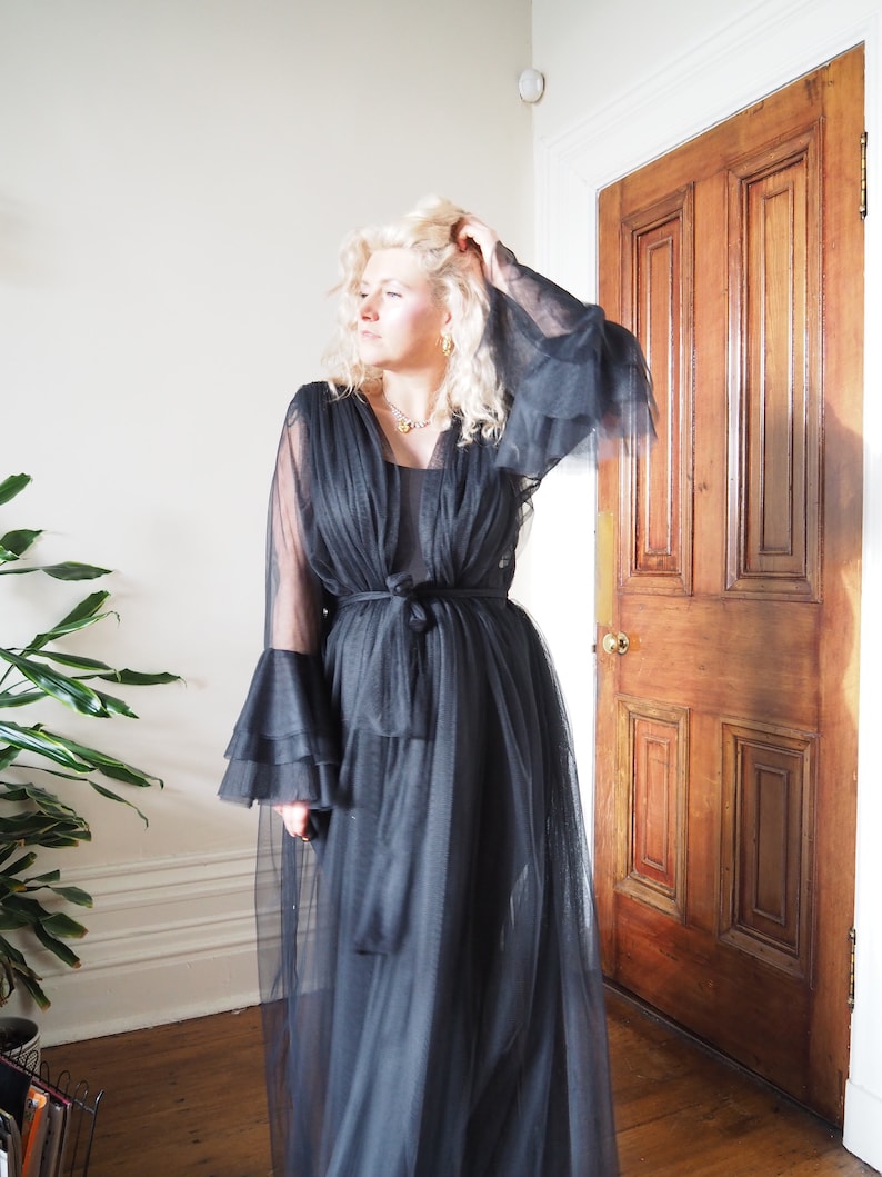 BLACK TULLE ROBE Gothic Black Flare Ruffle Sleeves Maxi Length Belted ...