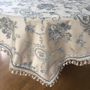 Floral Toile Table Cloth in Blue, 56&quot;w x 56&quot;h (approx.) size includes fringe.