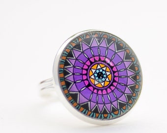 Mandala Ring -  Purple Mandala - Purple Ring - Chakra Ring - Glass Ring - Adjustable Ring - Spiritual Gift - Graduation Gift - Birthday Gift