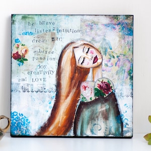 Be Brave Print on Wood Ready to Hang Wall Art Inspirational Her Empowerment Women Mixed Media Art Graduation Gift for Her Mom 20x20cm=8x8" wood
