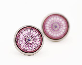 Pink Stud Earrings - Pink Mandala - Mandala Stud Earrings - Mandala Studs - Surgical Steel Earrings - Geometrical Studs - Gift for Women