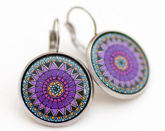 Purple Earrings - Purple Mandala - Mandala Earrings - Gift for Women - Gift for Mom - Purple Earrings Dangle - Surgical Steel Earrings