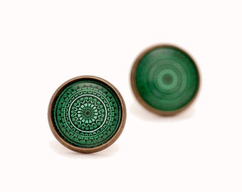 Emerald Green Stud Earrings - Green Mandala - Mandala Stud Earrings - Gift for Bestie - Stud Earrings for Sensitive Ears - Surgical Steel
