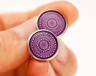 Purple Stud Earrings - Purple Mandala - Mandala Stud Earrings - Mandala Studs - Earrings for Sensitive Ears - Bridesmaid Stud Earrings