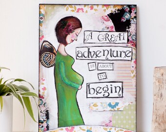 Pregnancy Announcement Sign - Pregnancy Reveal - Ready to Hang - Print on Wood - Mixed Media Collage Art - Inspirational Art - Whimsical Art