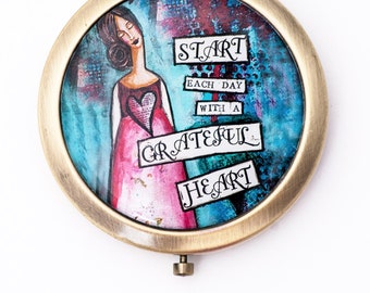 Espejo compacto - Corazón agradecido - Regalo para mamá - Navidad - Regalo de ánimo - Espejo de maquillaje - Espejo de bolso - Arte inspirador - Citas