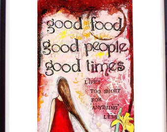 Good Food Good Friends Good Times Print - Wall Art Prints - Red Art Print - Inspirational Art, Gift for Women Best Friend Gift Birthday Gift