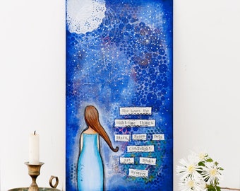 Night Sky Art - Night Sky Print - Ready to Hang - Poetry Art - Mixed Media Art - Blue Art - Inspirational Gifts for Her - Christmas Gift Her