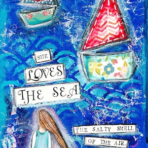 Sea Art Print - Ocean Wall Art - Poetry Art - Mixed Media Art Print - Blue Art Print - Collage Art - Gift for Women - Best Friend Gift
