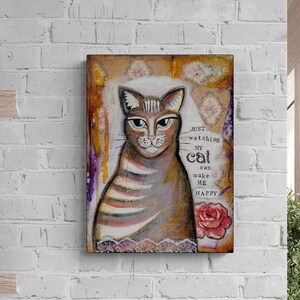 Cat Art Print Ready to Hang - Whimsical Cat Art - Cat Flowers Art - Cat Lover Gift - Cute Cat Art Quotes - Cat People Gifts, Mixed Media Art