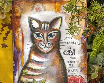 Cat Art Print - Whimsical Cat Art - Cat Flowers Art - Cat Lover Gift - Cute Cat Art Quotes - Cat People Gifts - Whimsical Mixed Media Art