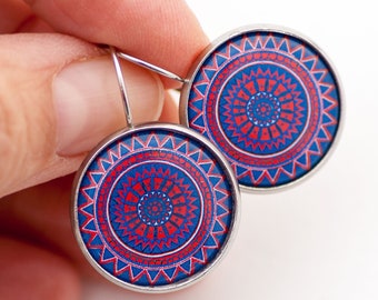 Red Blue - Navy Blue Earrings - Red Earrings - Dark Blue Earrings, Ultramarine Earrings, Summer Earrings, Mandala Earrings, Best Friend Gift