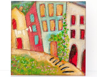 Cute House Decor - Original Painting - Small Paintings - Colorful Wall Art - Houses Painting - Cute Painting - Mixed Media Art - Abstract