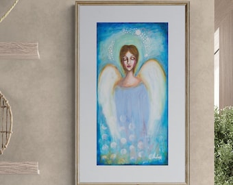 Angel Art Print - Guardian Angel - Blue Whimsical Art - Spiritual Art - Spiritual Gifts - Mixed Media Art - Celestial Art - Angel Wall Art