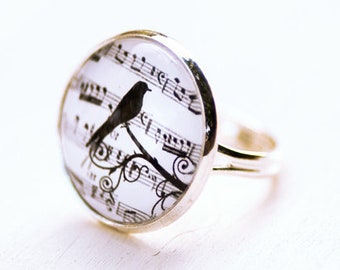 Music Note Ring - Bird Ring - Music Jewelry - Bird Jewelry - Music Lover Gift - Musician Gift - Bird Lover Gift - Adjustable Ring