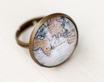 World Map Ring - Atlas Adjustable Ring - Globe Photo Glass Ring - Old Blue Map Ring Jewelry - Adventure Ring - Gift for Explorer Traveler