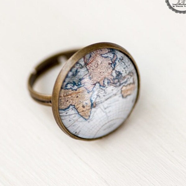 Bague de carte du monde - Bague réglable Atlas - Bague en verre photo Globe - Bijoux Old Blue Map Ring - Bague d’aventure - Cadeau pour voyageur explorateur