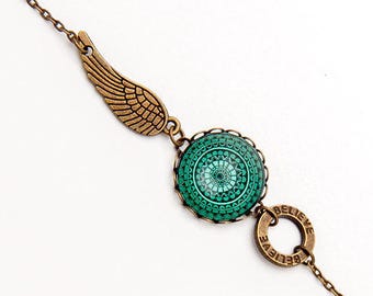 Inspirational Bracelet - Mandala Bracelet - Boho Bracelet - Feather Bracelet - Boho Bridesmaid Gift - Believe Bracelet - Green Bracelet