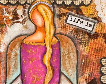 Engel Kunst - Engel Malerei - wunderliche Kunst - Mixed Media Kunst - Boho Wandkunst - inspirierende Kunst - Leben ist wunderbar - positive Affirmation